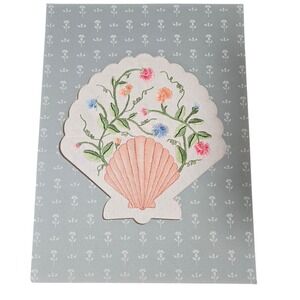 Vintage Hand Embroidered Linen Seashell Floral Textile Coastal Cottage Wall Art